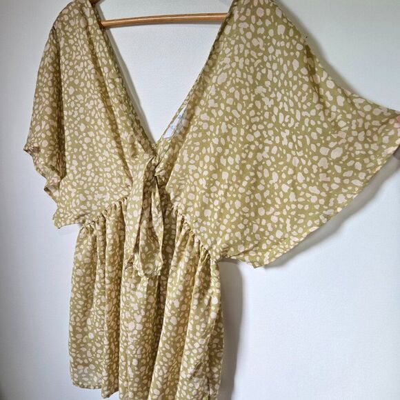 NEW W/O TAG PRIMARK DEEP V TIE FRONT SAGE GREEN/WHITE BOHO TOP SIZE XS - Picture 1 of 16